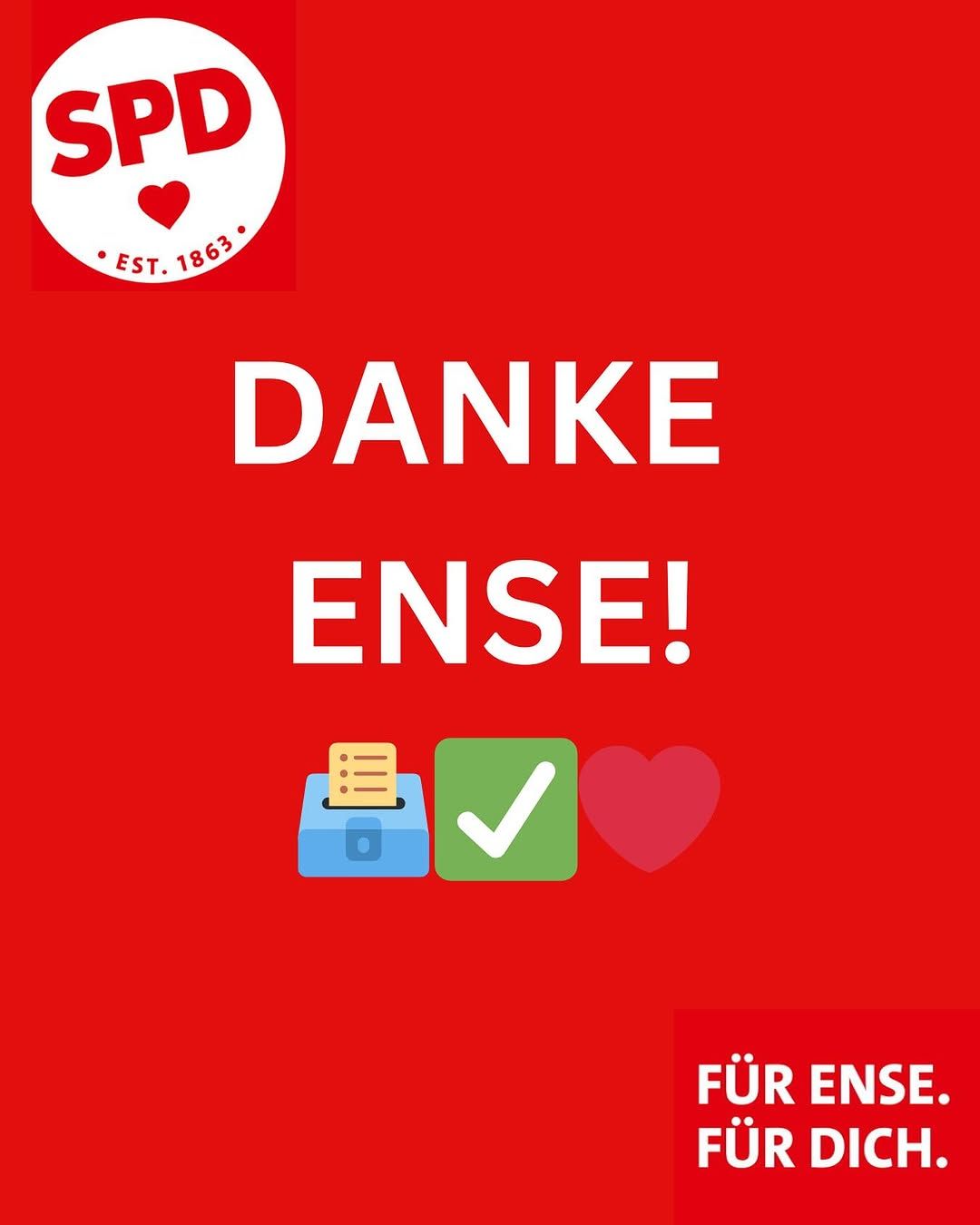 Instagram-Beitrag von SPD Ense: 🌹 Danke, Ense! 🌹

Wir bedanken uns herzlich bei allen Wählerinnen und Wählern für das Vertrauen...