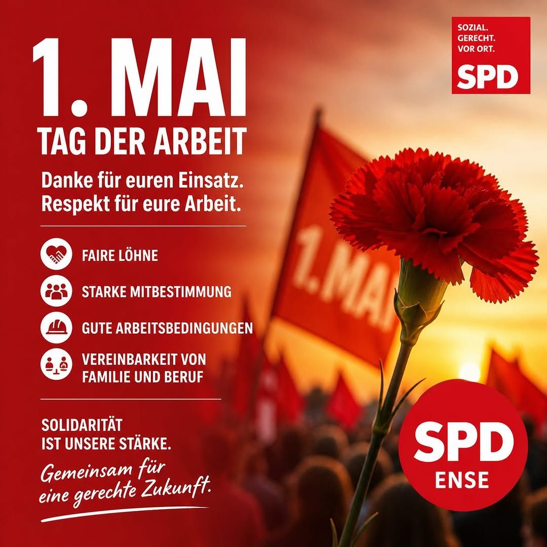 Instagram-Beitrag von SPD Ense: 🌹 1. Mai – Tag der Arbeit 🌹

Heute geht es um mehr als Arbeit.
Es geht um Menschen.

Um die...